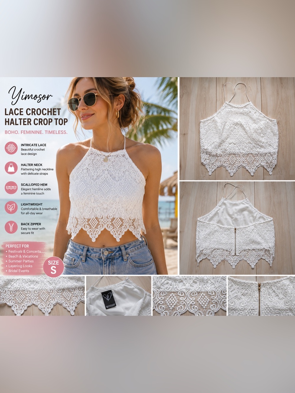 White Lace Crochet Halter Crop Top Women’s Boho Festival Sleeveless Tank Top
